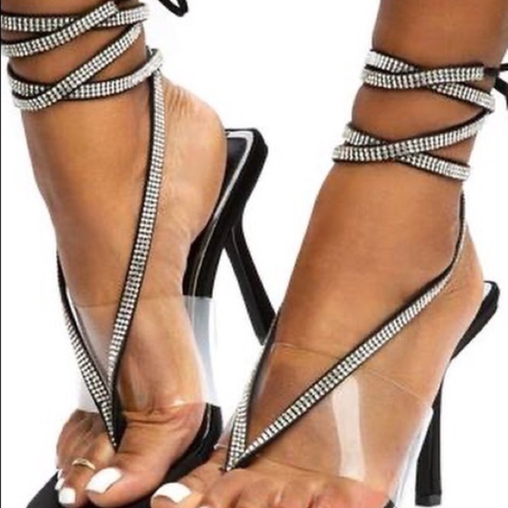 Rhinestone,  Clear Foot Strap, Lace Up Black Base Sandals